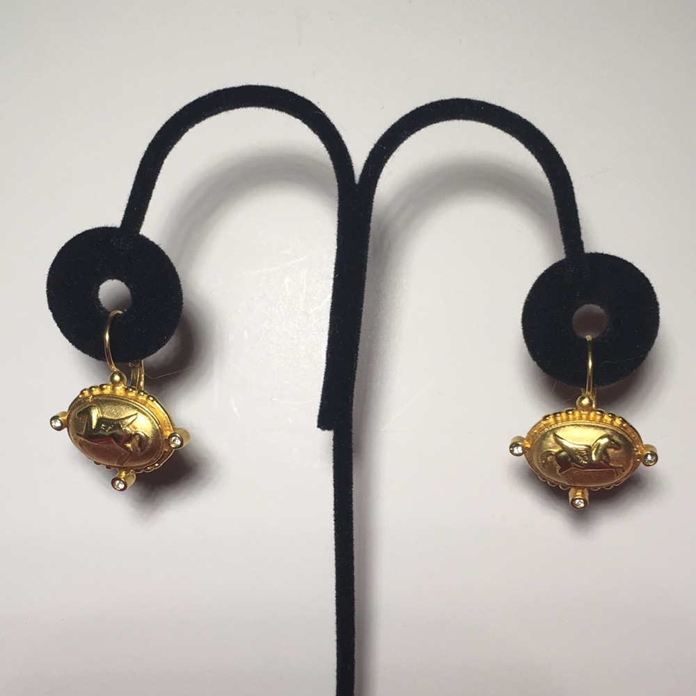 Gold Tone Oval Shaped Dangling Pegasus w/Chrystals - Costume Jewlery Earrings